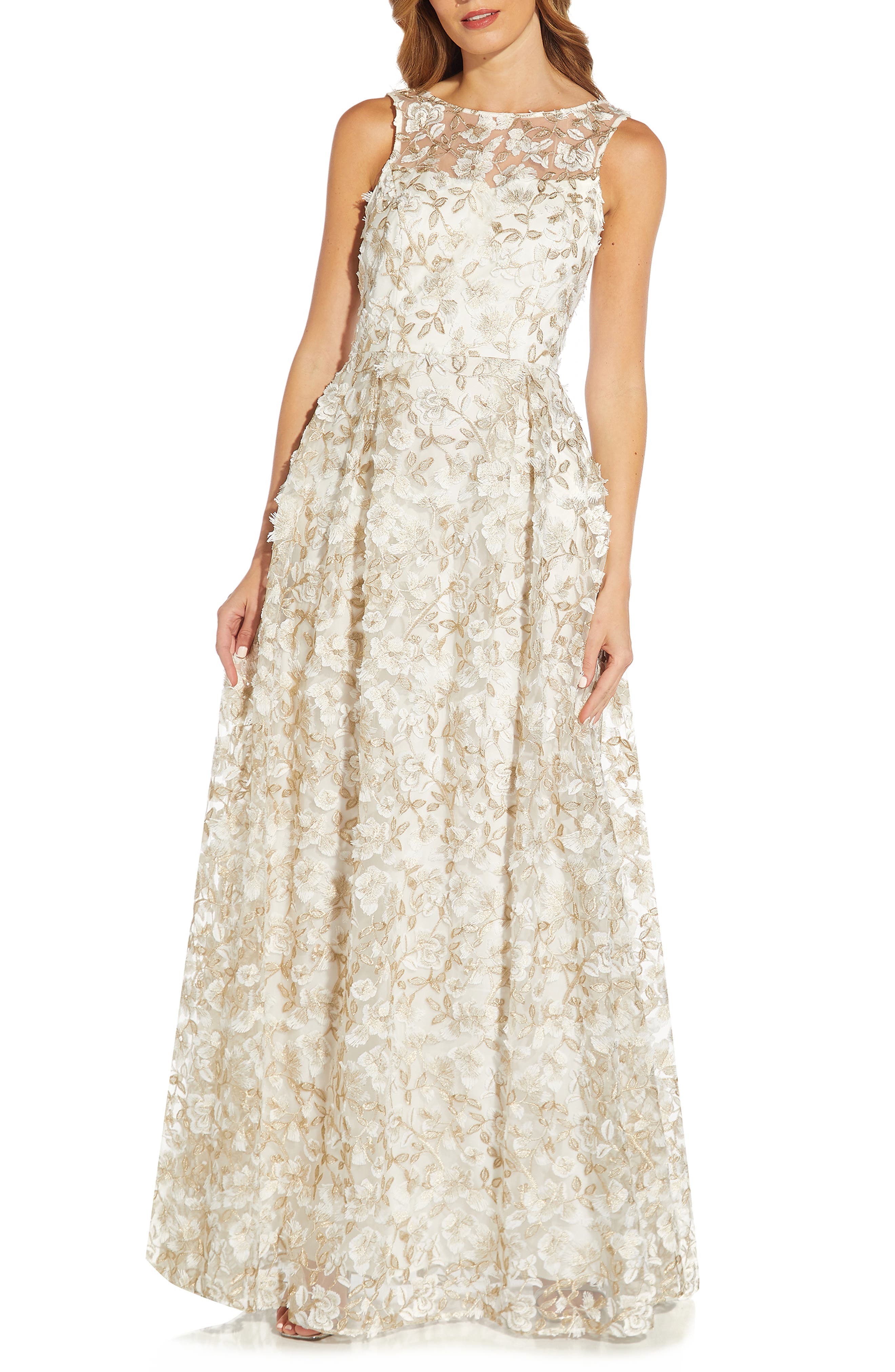 Adrianna Papell Metallic 3D Floral Gown ...